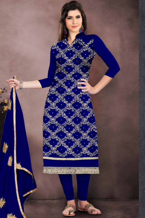 Luxurious Blue Cotton Churidar Suit With Resham Work