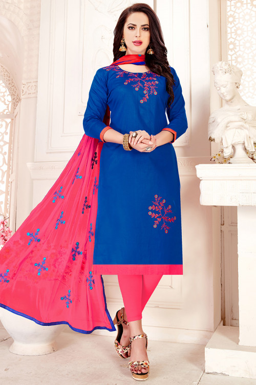Blue Cotton Embroidered Casual Wear Legging Suit