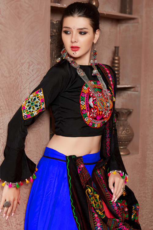 Blue Cotton Silk Patch Embroidered Flared Lehenga