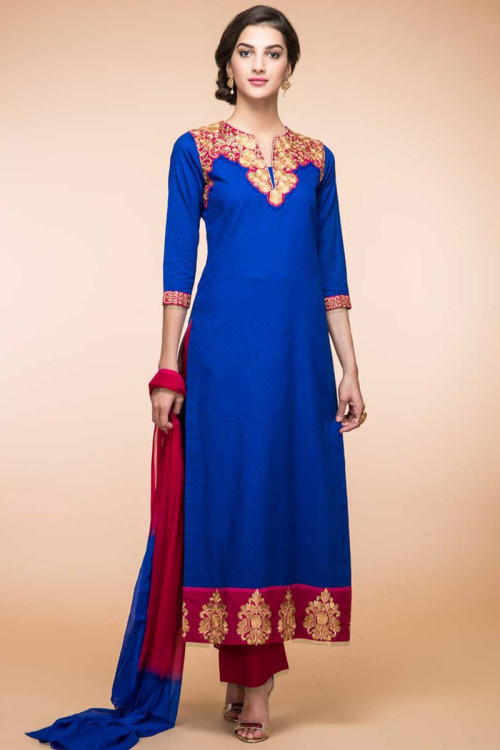 Royal Blue And Ruby Pink Cotton Trouser Pant Suit With Dupatta