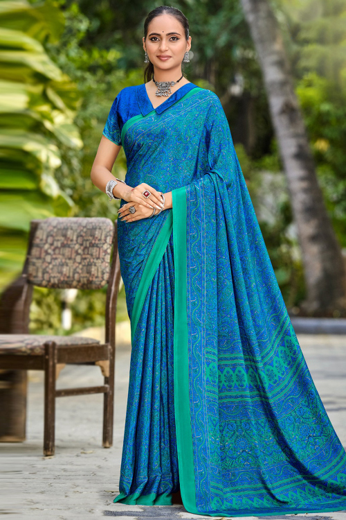 Blue Crepe Printed Saree For Casual Wear