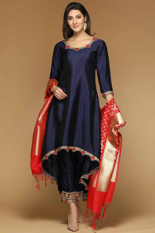  Navy Blue Trail Cut Silk Anarkali Suit for Eid