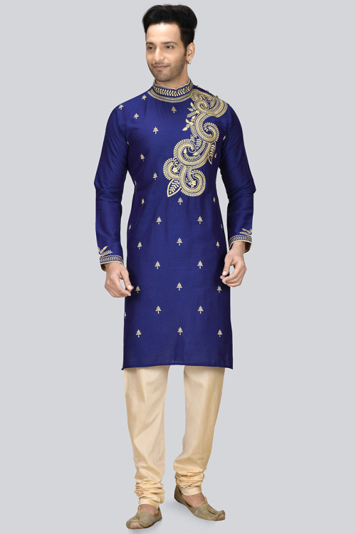 Blue Dupion Silk Embroidered Men Kurta Pajama
