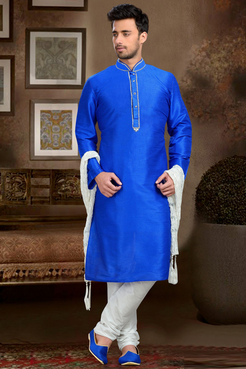 Blue Embroidered Dupion Silk Men's Kurta Churidar