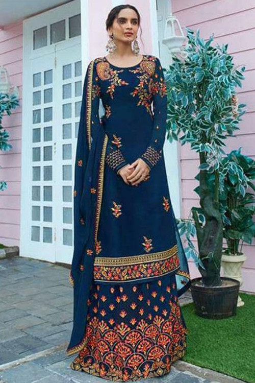 Blue Georgette Long Sharara Suit with Zari embroidery