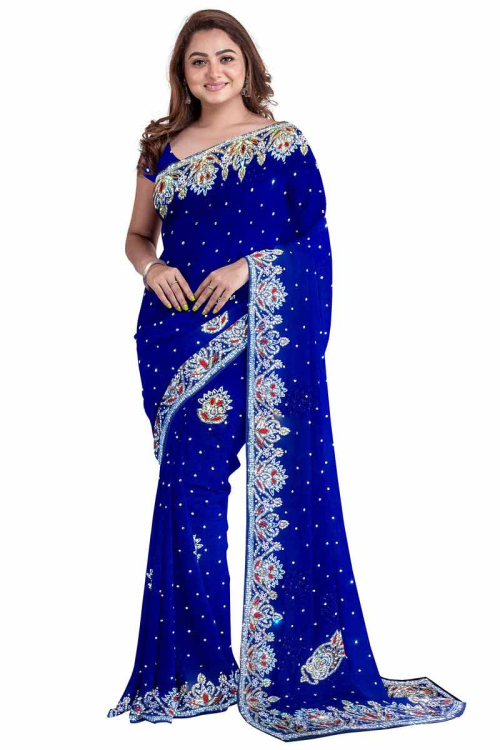 Blue Georgette Embroidered Wedding Wear Saree