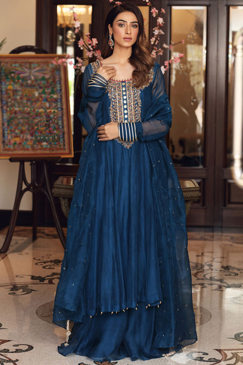 Blue Organza Embroidered Sharara Suit