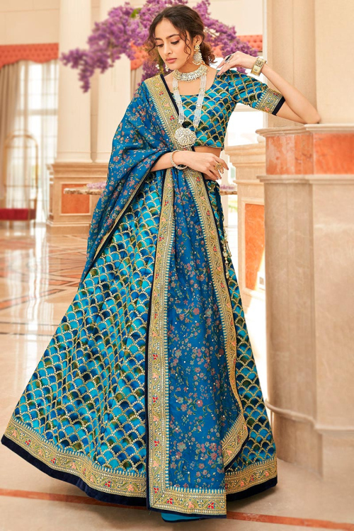 Blue Printed Art Silk Lehenga Choli With Embroidered 