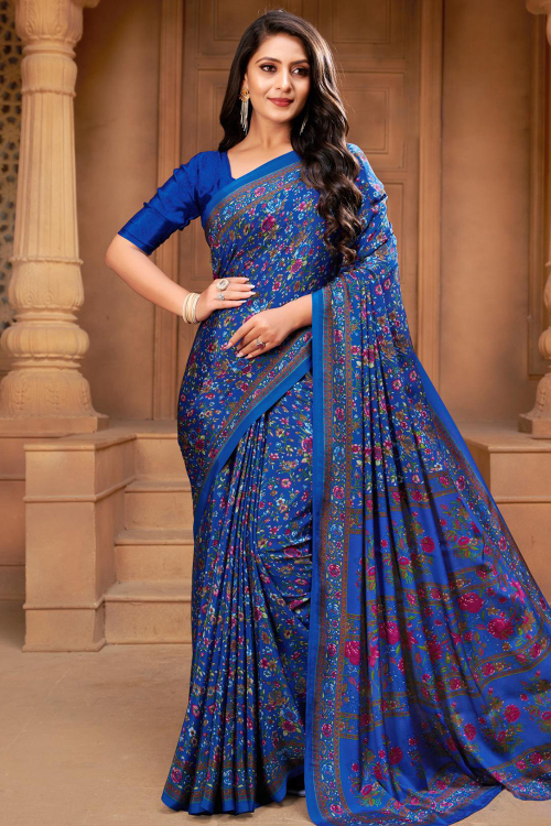 Blue Printed Crepe Saree For Casual Wear