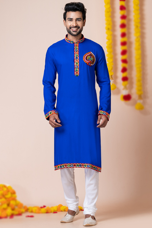 Blue Rayon Patch Embroidered Navratri Men's Kurta With Churidar