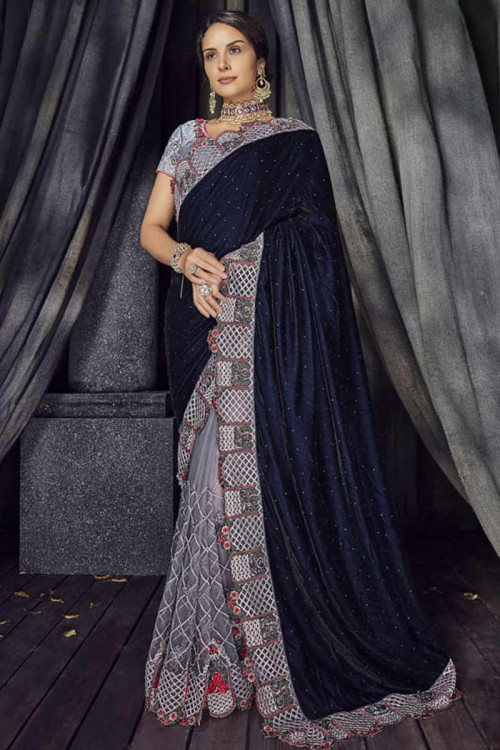 Attractive Embroidered Bollywood Velvet Saree With Blouse