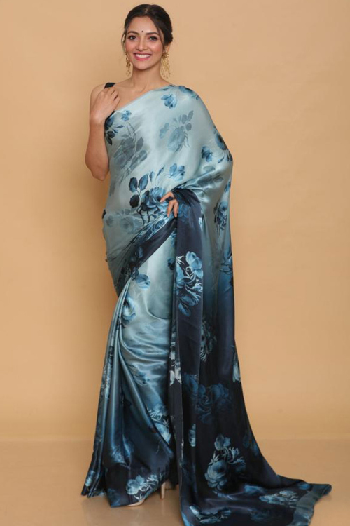 Blue Satin Digital Print Indian Party Saree