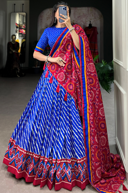 Blue Silk Blend Lehenga With Printed Work For Diwali