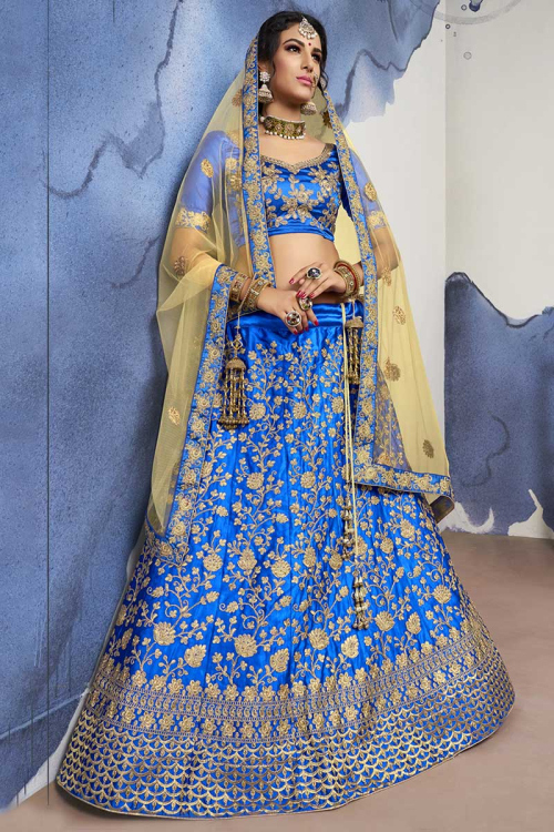 Blue Silk Embroidered Indian Lehenga Blouse