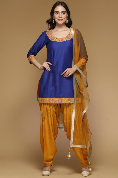 Blue Silk Patiala Suit With Zari Work for Eid