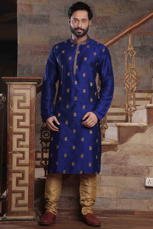 Blue Silk Straight Cut Men Kurta Pajama