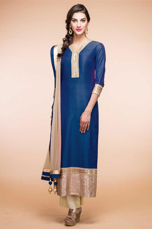 Blue Taffeta Silk Kurti With Trouser and Dupatta
