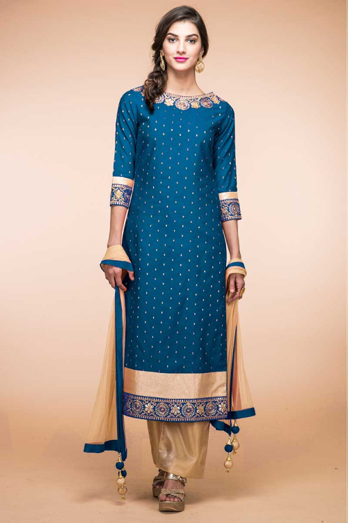 Blue Kohra Silk Trouser Suit With Zari Work