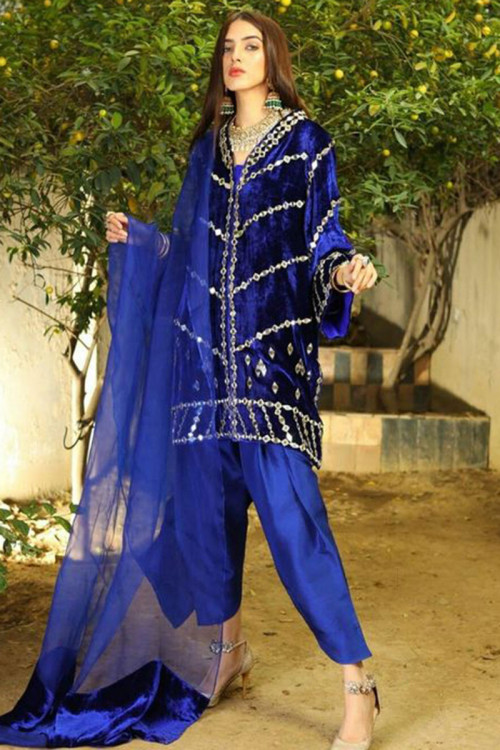 Blue Velvet Fancy Wedding Patiala Suit