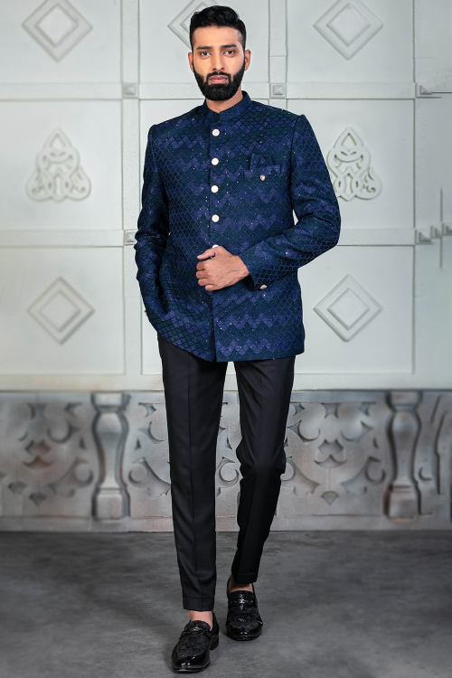 Blue Weaved Silk Men's Jodhpuri Style Sherwani 