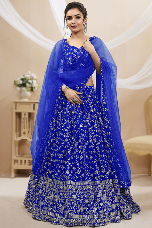 Attractive Wedding Wear Royal Blue Heavy Net Embroidery Sequence Work  Designer Lehenga Choli - Fashion Mantra
