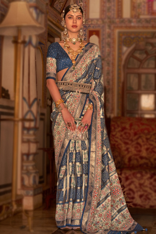 Bluish Grey Art Silk Bandhej Print Traditional Saree
