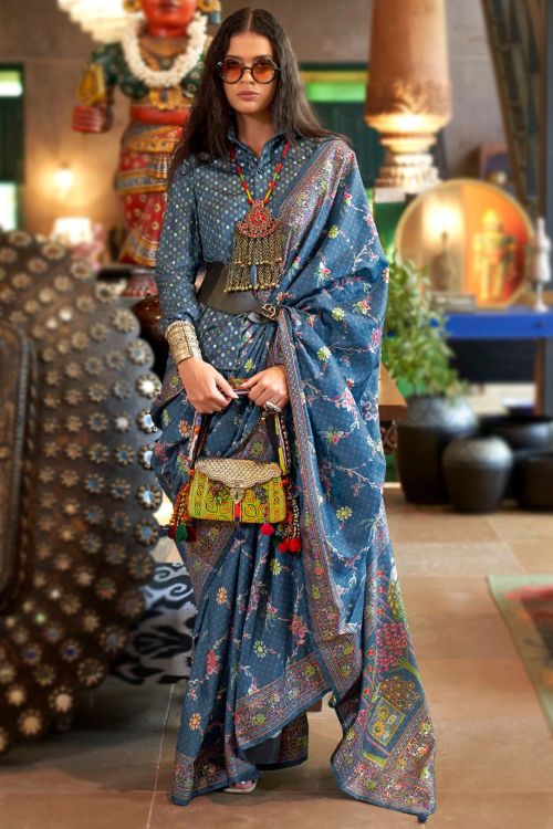 Bluish Grey Art Silk Saree With Printed Work For Festival 