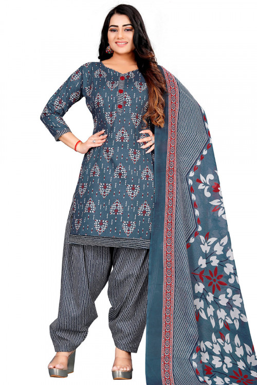 Bluish Grey Casual Wear Printed Cotton Straight Cut Patiala Suit 