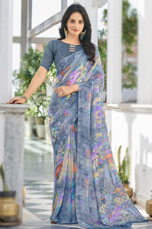 Bluish Grey Chiffon Light Weight Printed Saree