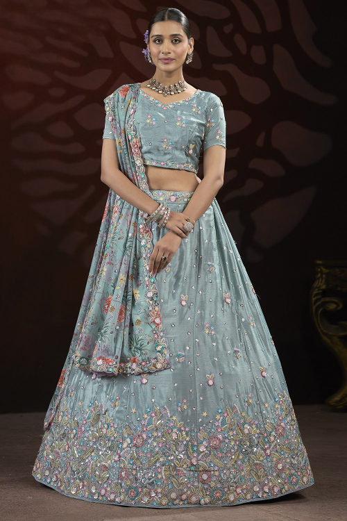 Bluish Grey Chinnon Embroidered Panelled Style Lehenga