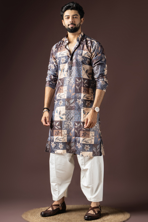 Bluish Grey Cotton Men's Kurta Pajama With Printed Work