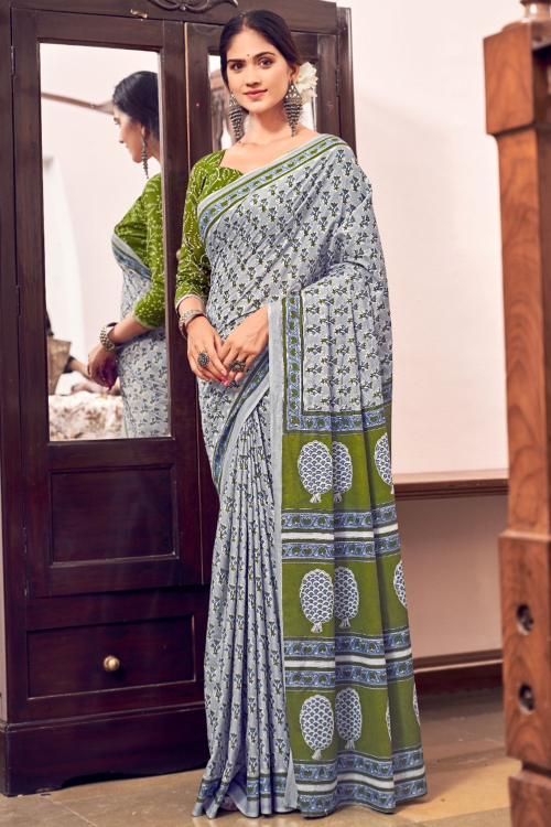 Bluish Grey Cotton Printed Casual Wear Saree 