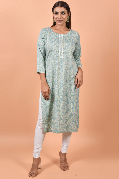 Bluish Grey Cotton Printed Kurti