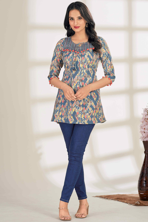Bluish Grey Cotton Printed Short Casual Wear Kurti 