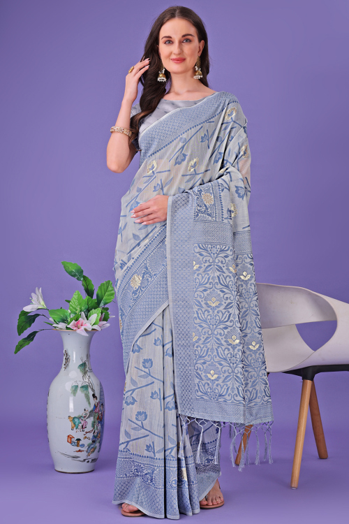 Bluish Grey Cotton Saree With Weaved Work For Casual Wear