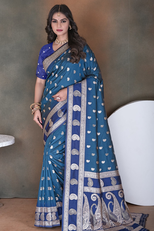 Bluish Grey Cotton Silk Weaved Broad Border Saree 