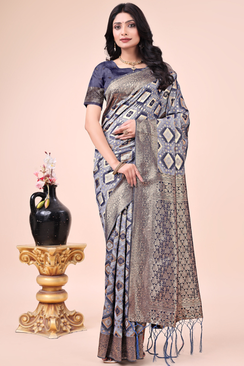 Bluish Grey Cotton Silk Weaved Zari Broad Border Saree 
