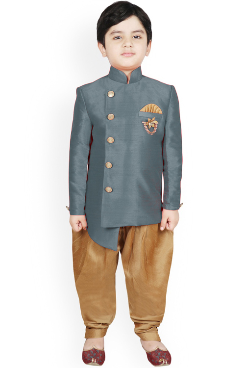 Bluish Grey Dupion Silk Straight Cut Kid's Sherwani