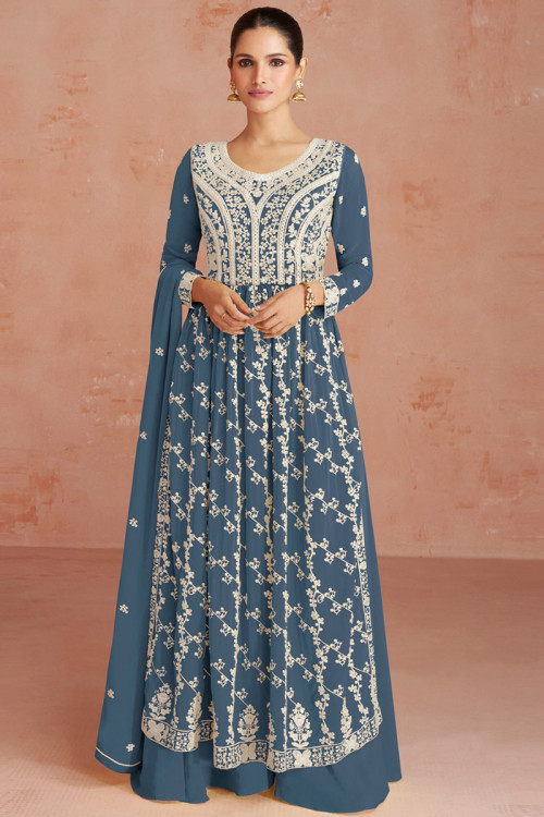 Bluish Grey Embroidered Georgette Festival Wear Palazzo Suit