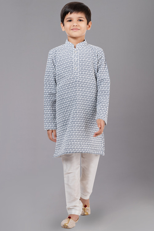 Georgette Embroidered Bluish Grey Boy's Kurta Pajama
