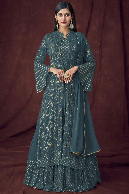 Bluish Grey Georgette Embroidered Sharara Suit for Eid