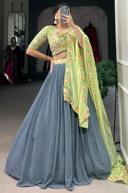 Bluish Grey Georgette Lehenga With Sequins Work For Diwali