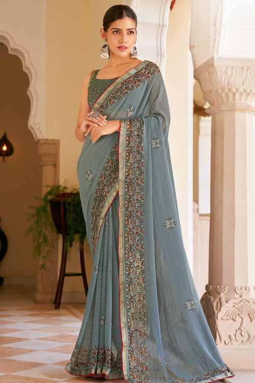 Bluish Grey Georgette Printed Saree For Festival