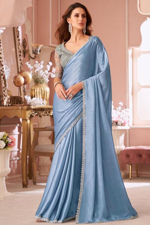 Bluish Grey Georgette Silk Embroidered Fancy Saree