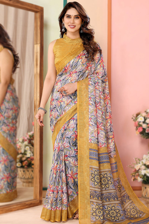 Bluish Grey Kota Doria Printed for Casual Wear Saree