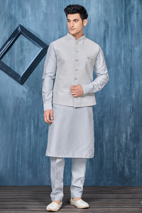 Bluish Grey Plain Art Silk Jacket Style Men's Kurta Pajama