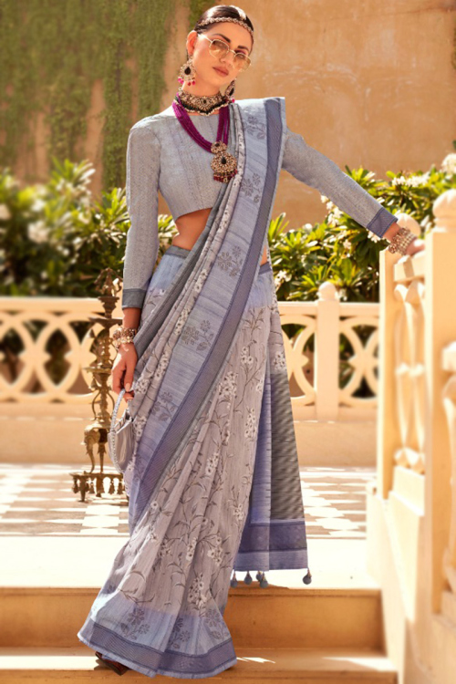 Bluish Grey Printed Broad Border Silk Festival Wear Saree