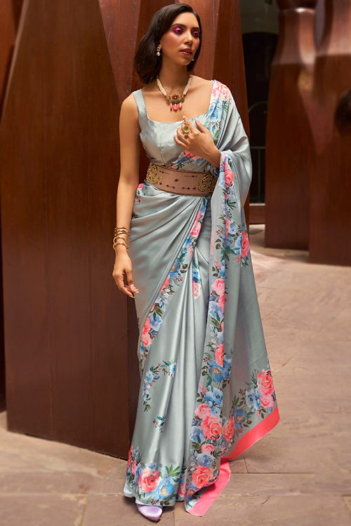Woven Saree in Satin Bluish Grey for Party 