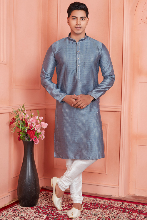 Bluish Grey Silk Blend Weaved Thread Men's Kurta With Churidar