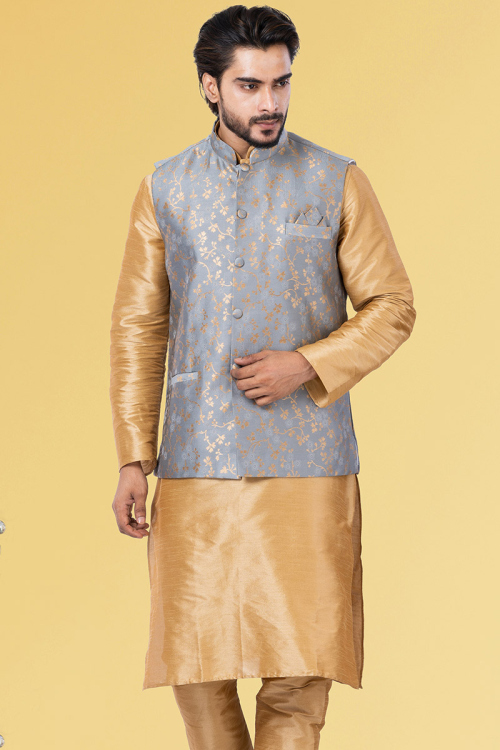 Silk Men Waist Coat in Bluish Grey colour for Sangeet